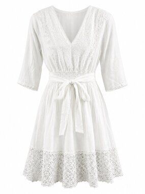White Waves Womens White Embroidered A-Line Dress With Lace Hem L/XL